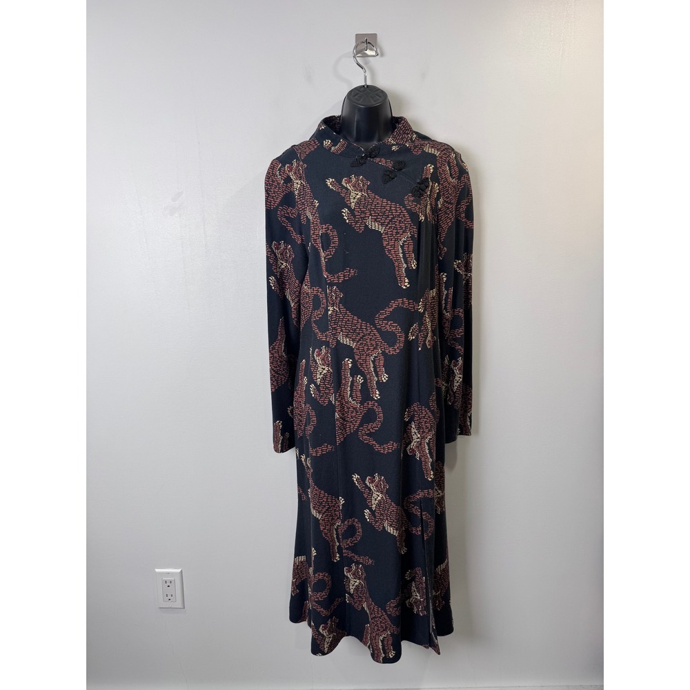 Farm Rio Women Black Leopard Print Mandarin Collar Frog Button Midi Dress XS/S